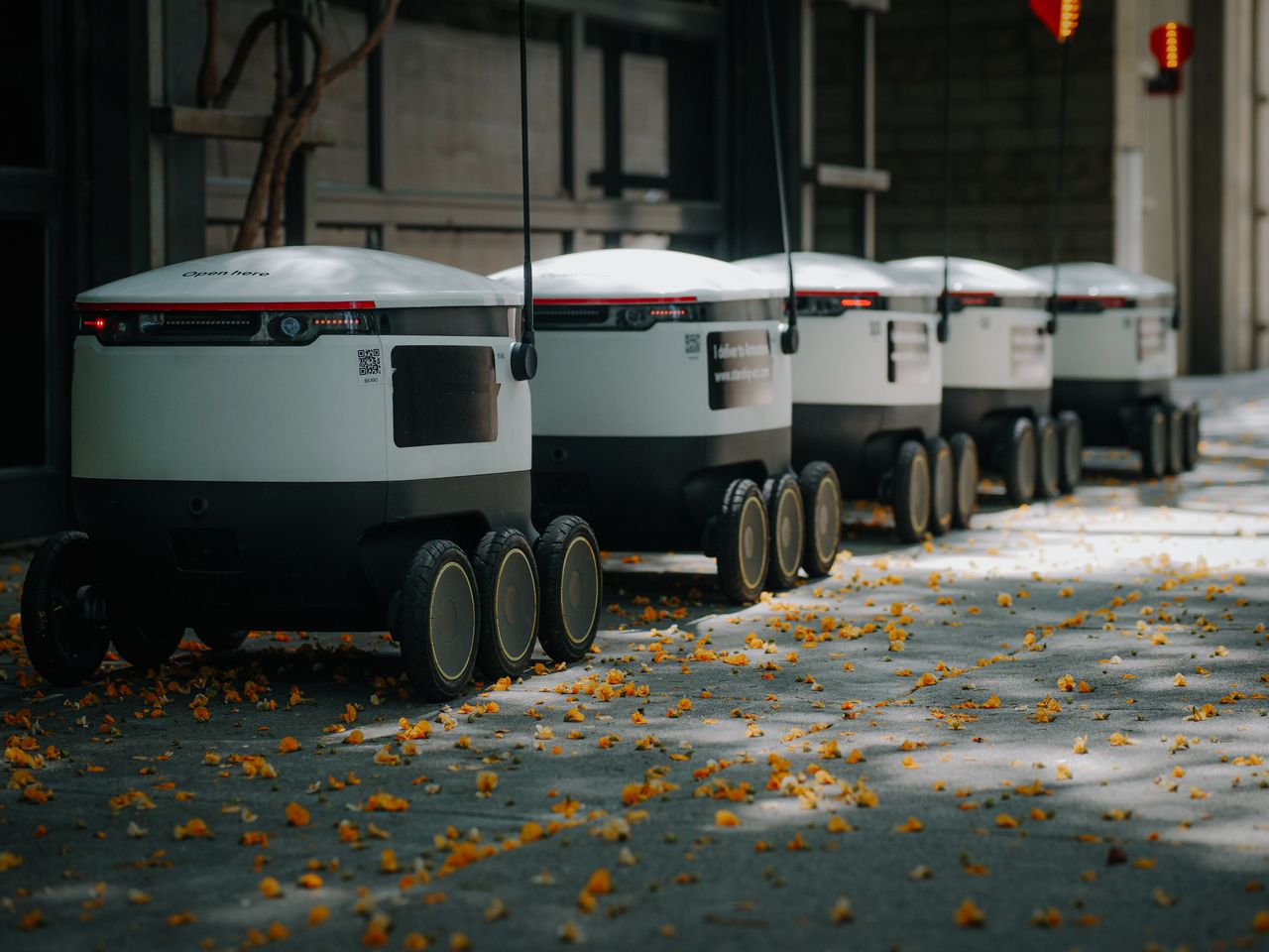 Crafting Captivating Headlines: Your awesome post title goes here Futuristic delivery robots lined up outdoors, showcasing innovative modern technology.